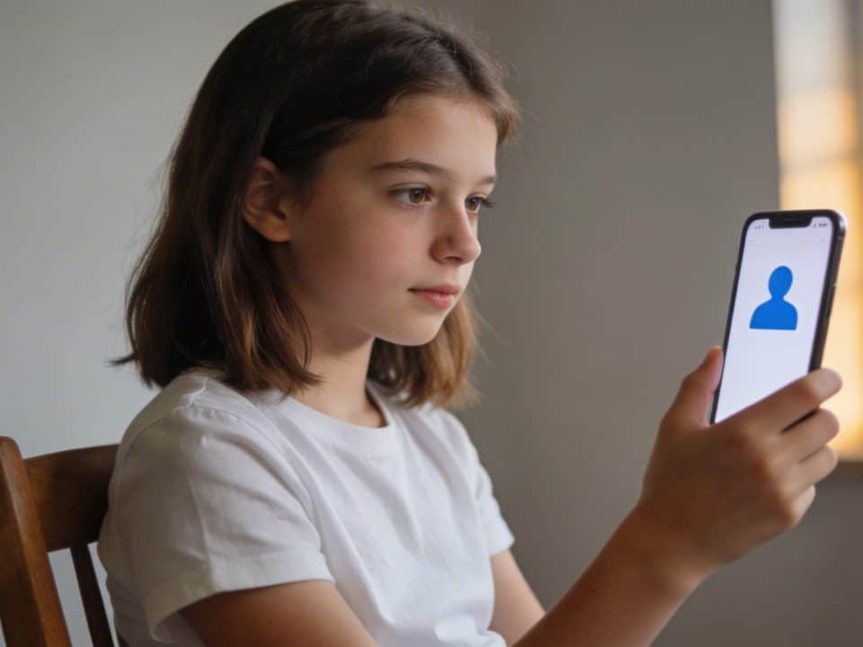 Main adolescente regardant ecran smartphone icone profil bleu