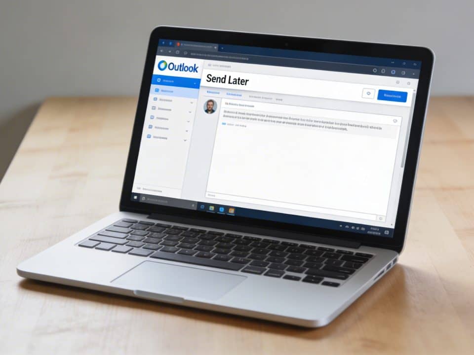 ordinateur portable affichant Outlook, email programme pour envoi plus tard