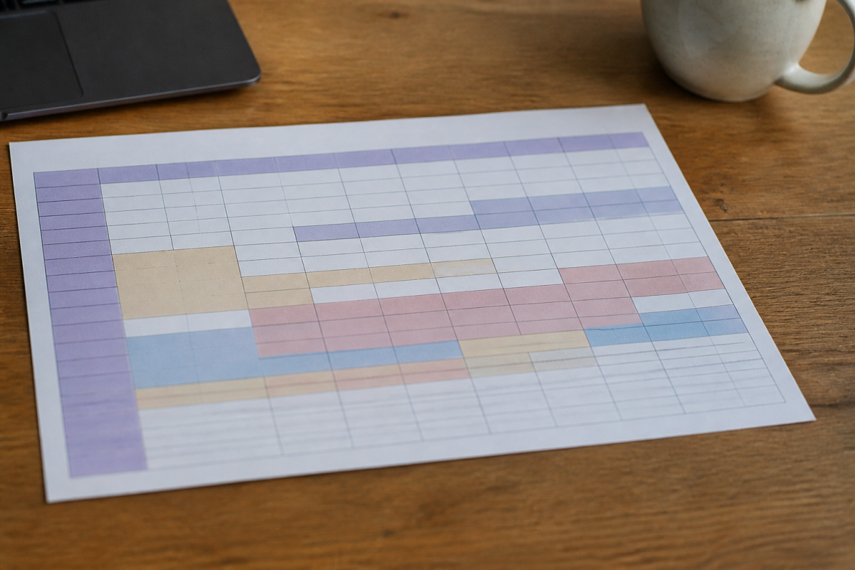 Grille tableur avec cellules fusionnees mises en evidence