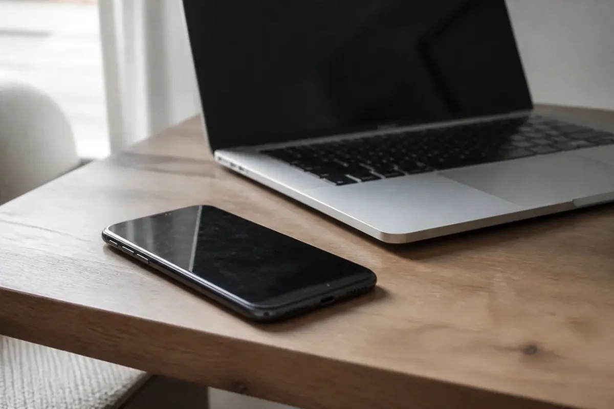 iPhone posé sur un bureau avec ordinateur portable ouvert