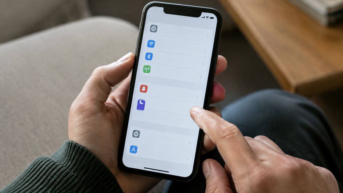Main tenant smartphone affichant menu parametres sur ecran