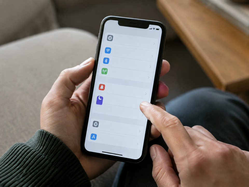 Main tenant smartphone affichant menu parametres sur ecran